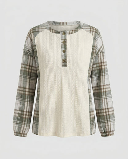 Women's Long Sleeve Shirt with Checkered Pattern and Textured Fabric - Chichicherry