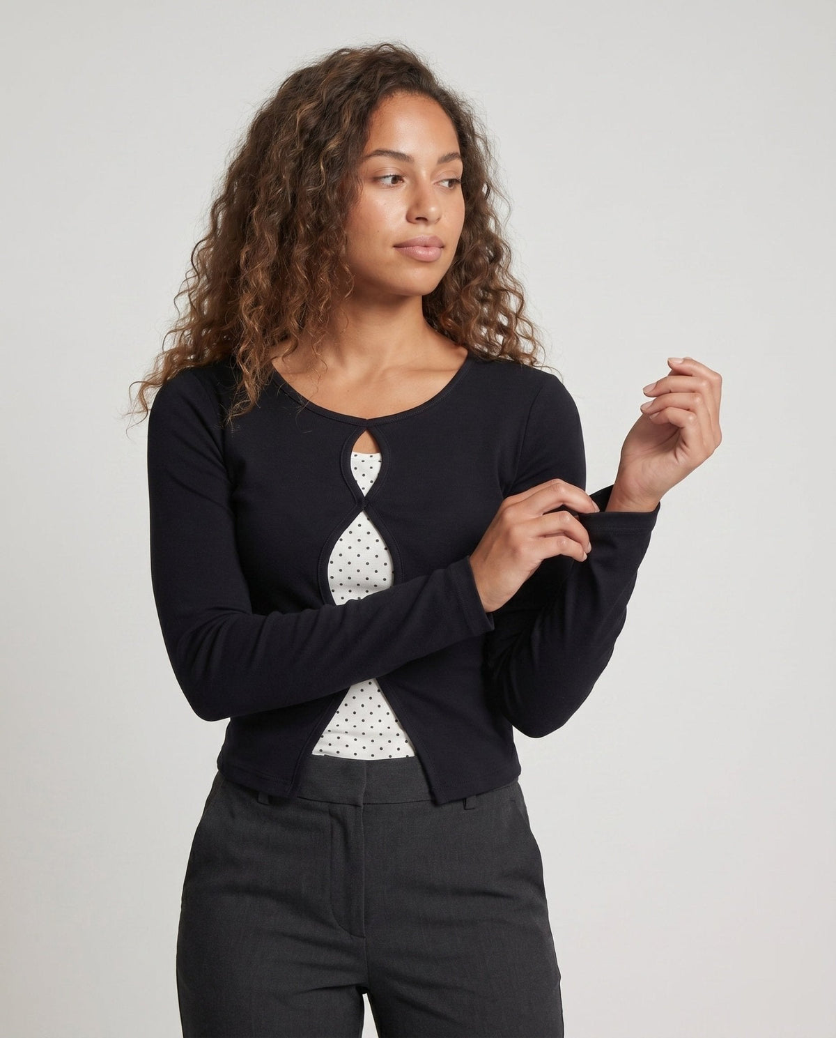 Women’s long-sleeve shirt with unique neckline and polka dot design - Chichicherry