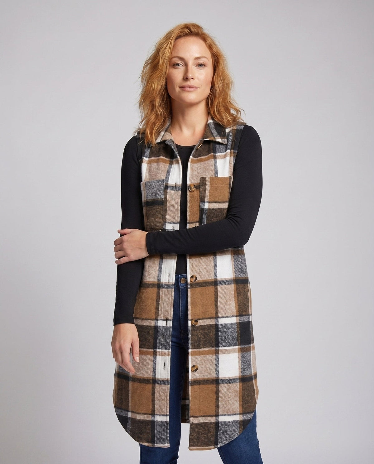 Women's Long Sleeve Vest with Check Pattern and Practical Pockets - Chichicherry