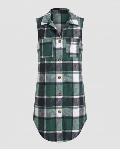 Women's Long Sleeve Vest with Check Pattern and Practical Pockets - Chichicherry