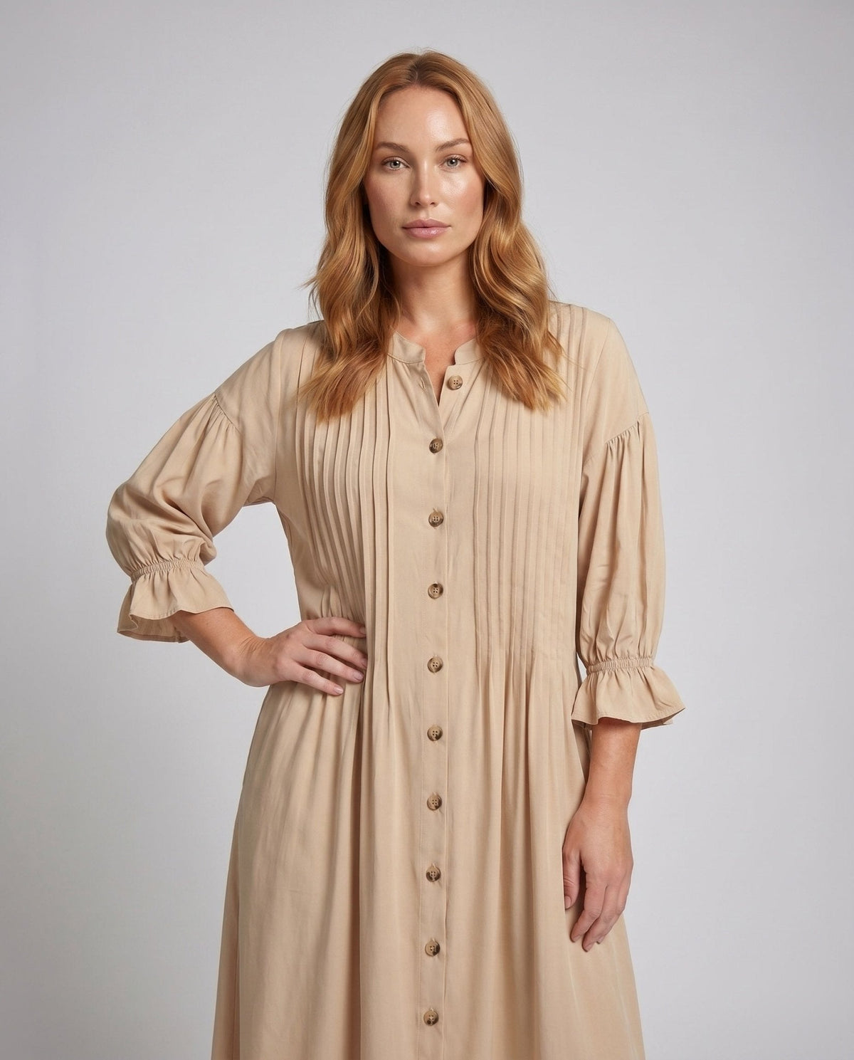 Women’s maxi dress with elegant pleating and button placket - Chichicherry