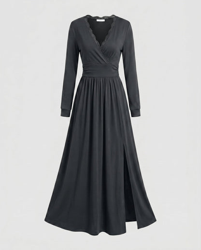 Women's maxi dress with elegant V-neckline and sophisticated slit - Chichicherry