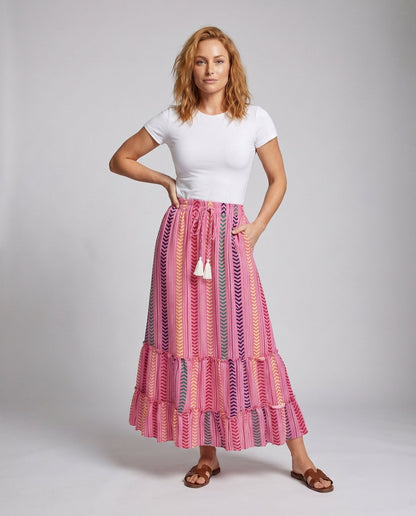Women's maxi skirt with colorful boho pattern and playful ruffles - Chichicherry