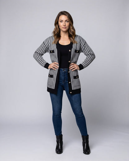 Women's stylish cardigan with houndstooth pattern and elegant button details - Chichicherry