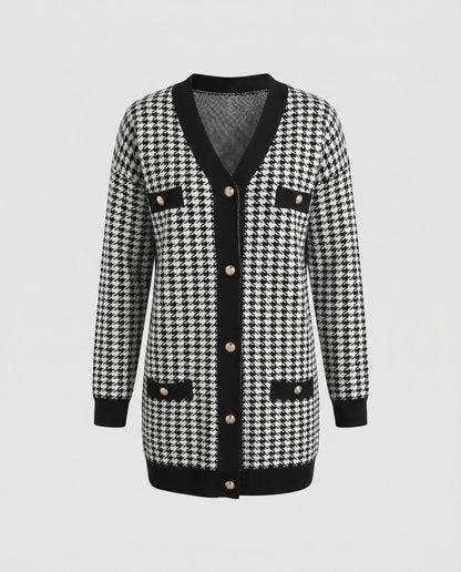 Women's stylish cardigan with houndstooth pattern and elegant button details - Chichicherry