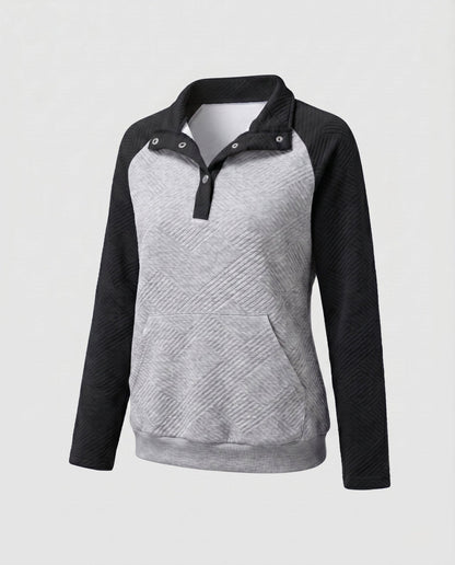 Women's sweatshirt with textured design and button-up stand collar - Chichicherry