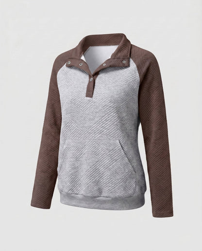 Women's sweatshirt with textured design and button-up stand collar - Chichicherry