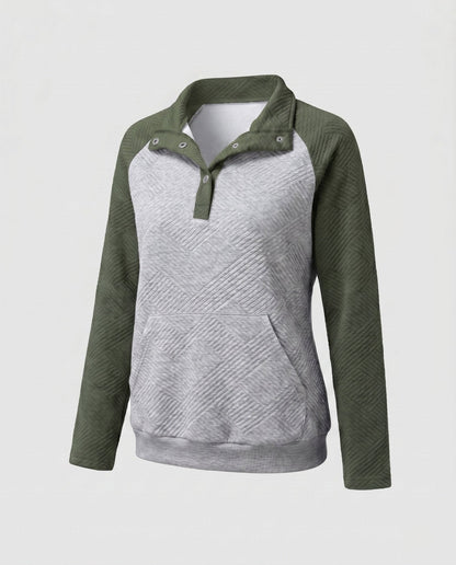 Women's sweatshirt with textured design and button-up stand collar - Chichicherry